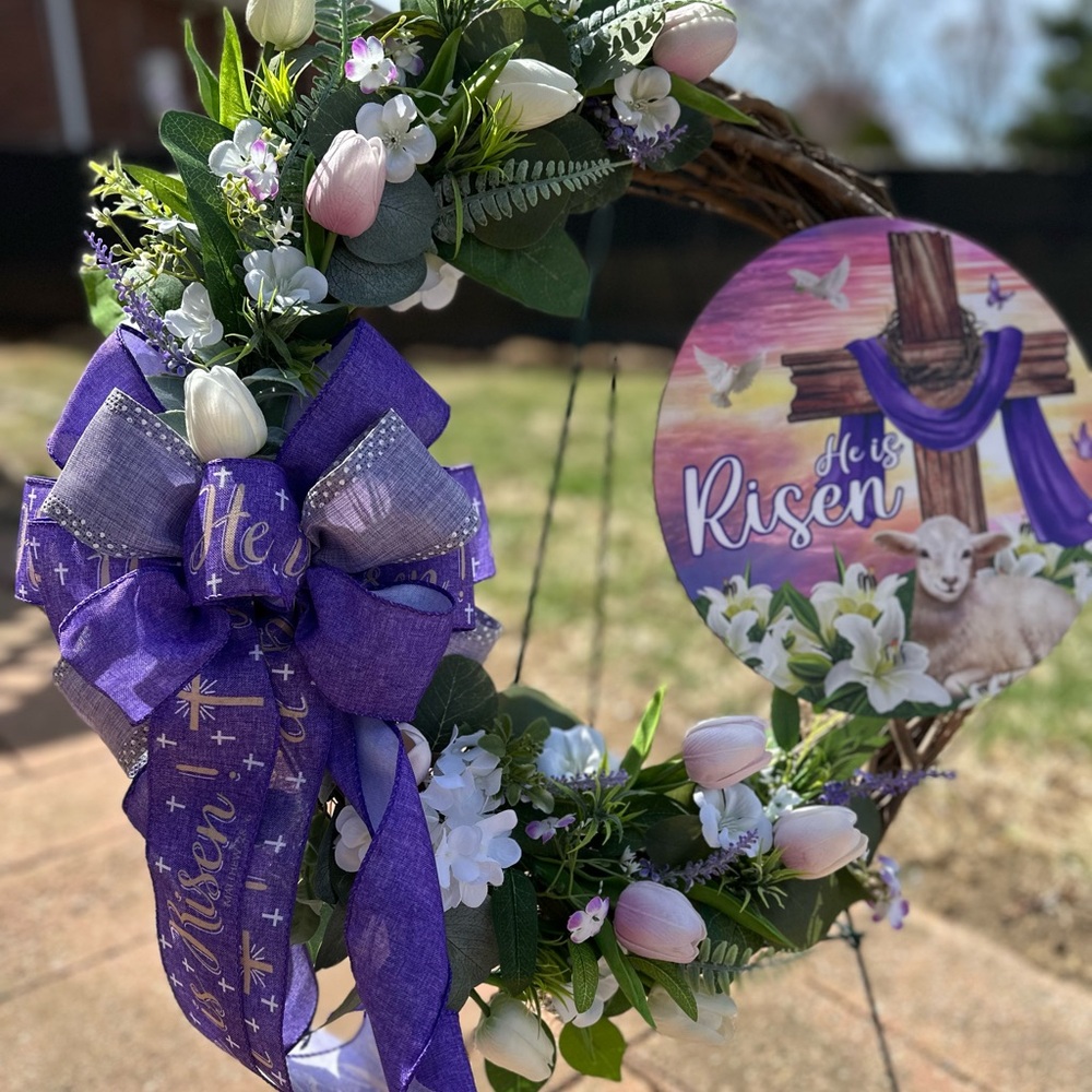 Easter Wreath with Purple Ribbon and Floral Accents